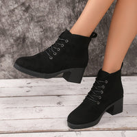 Women's Chic Black Ankle Boots with Chunky Heel - Lace-Up