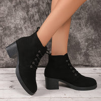 Women's Chic Black Ankle Boots with Chunky Heel - Lace-Up